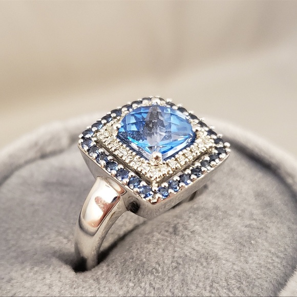 Levian Ring With Blue Topaz And Sapphire Diamond In 14K White Gold Size 6.5 - Picture 3 of 7